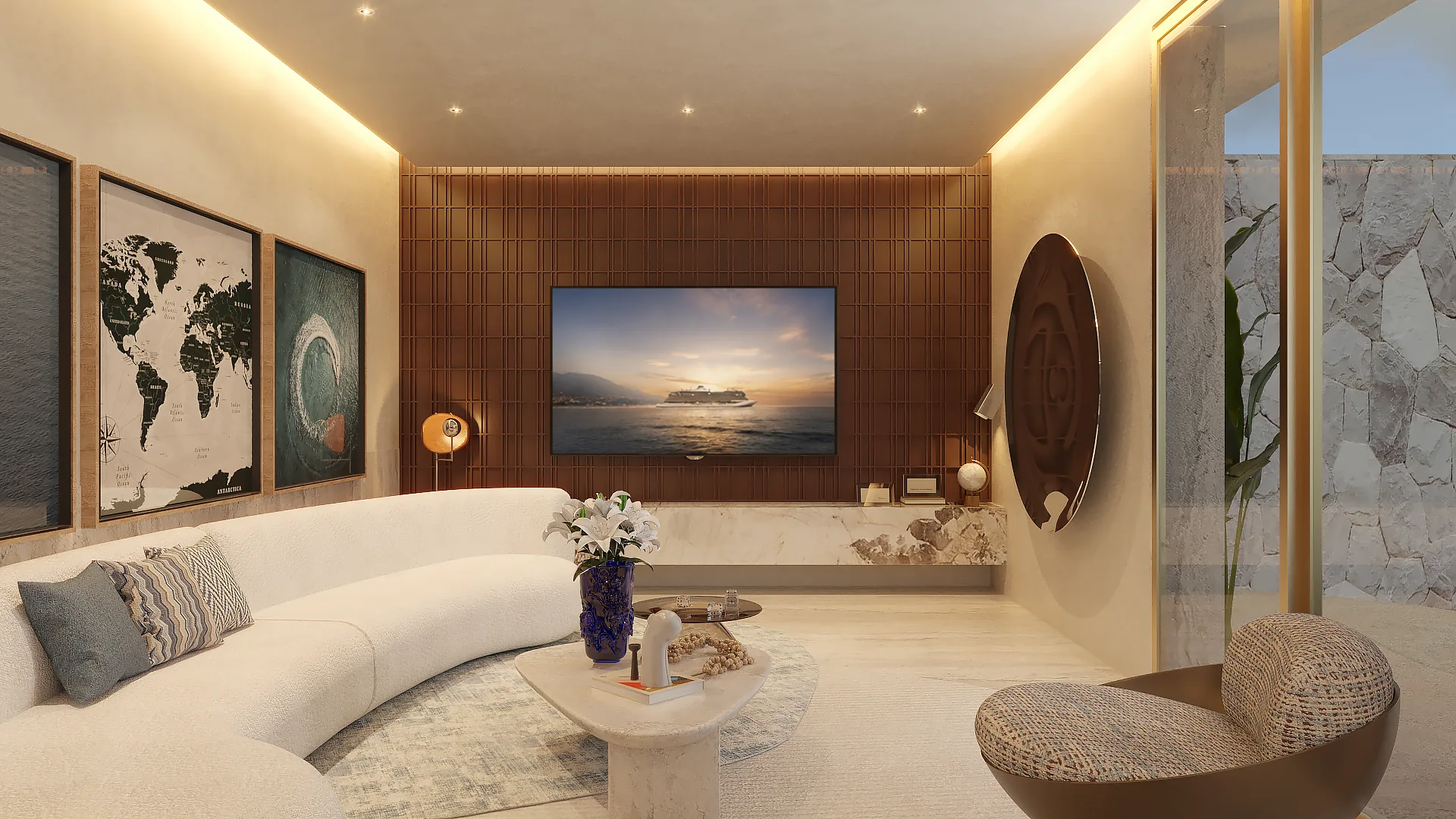 Render do lounge com sofá curvo, painel amadeirado e luz suave contornando o ambiente.