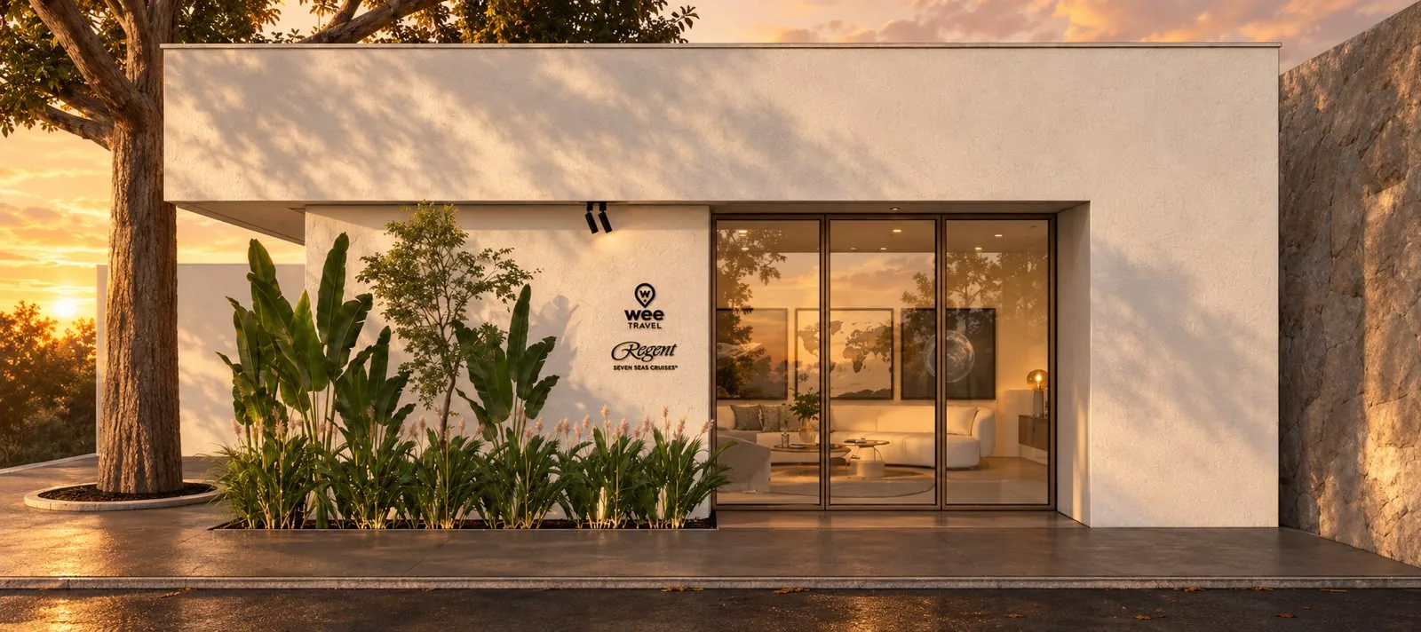 Perspectiva da fachada do Sereno Lounge ao entardecer.