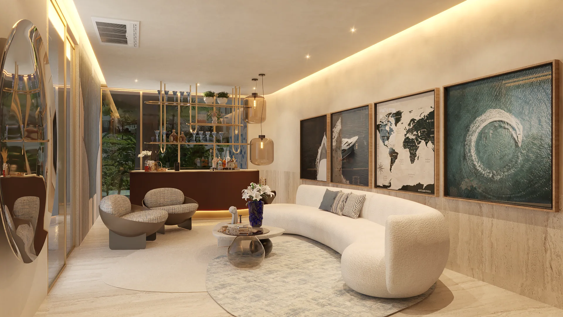 Render do Sereno Lounge: sofá orgânico claro, texturas naturais, arte e iluminação acolhedora.